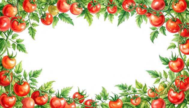 Watercolor Tomato Plant Frame with Green Leaves and Red Ripe Fruits on White Background