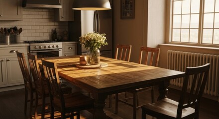 Sunlight streams into a cozy kitchen, illuminating a large wooden table.  A bouquet of wildflowers sits on a rustic tray