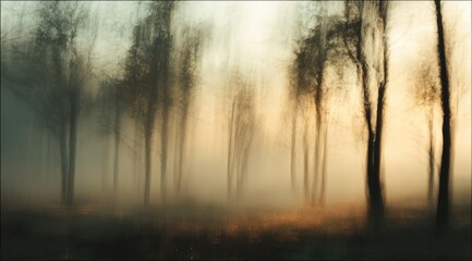 Misty forest at dawn, soft focus