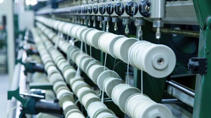 Sizing machine with a metallic gray frame and rotating rollers, used in a textile factory to apply sizing agent to yarns or fabrics—strengthening fibers for weaving, equipped with control panels and c