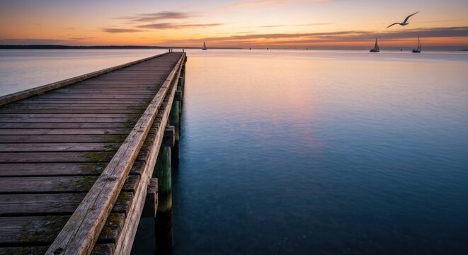 Sunrise pier extending over calm water, sailboats visible in distance