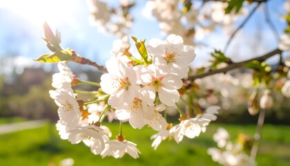 Obraz premium Close-up view of blooming white flowers on a branch, backlit by the sun, set against a soft focus green background