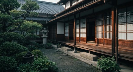 Tranquil Japanese garden courtyard with traditional wooden house