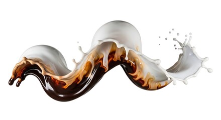 Dynamic splash of milk and coffee creating an abstract wave on a white background in a studio shot with high speed photography