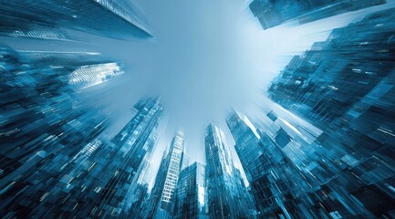 Elevated view of a futuristic city.  Skyward perspective of tall buildings.  Distorted lines create a dynamic effect