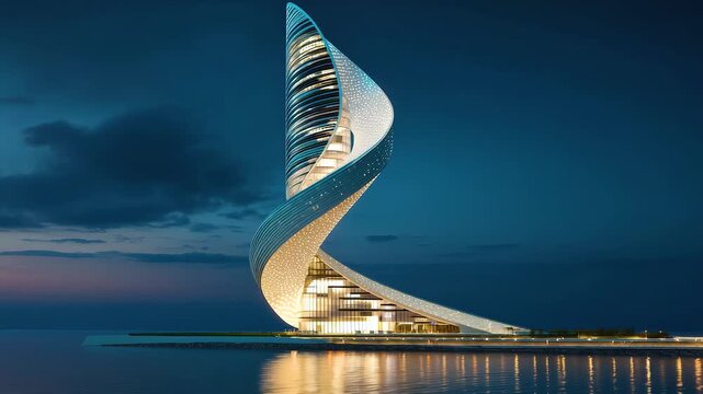 Spiral shell shaped skyscraper illuminated night with reflection calm water and dramatic cloudy sky showcasing modern architecture building elegance
