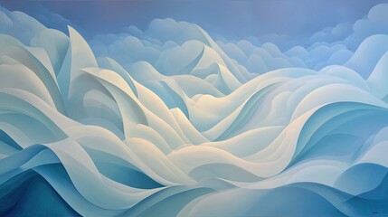 Soft, ethereal landscape of undulating, pale blue mountains and clouds