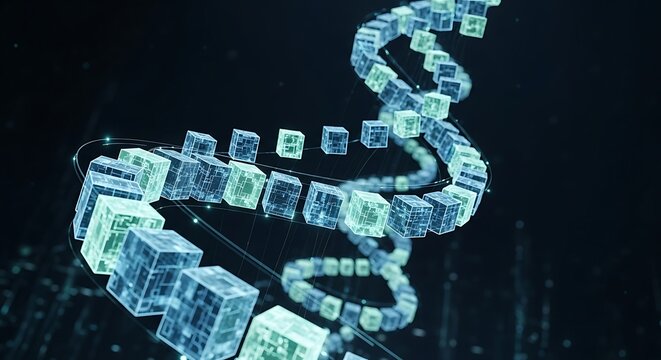 Digital dna helix structure made of glowing cubes representing data and technology advancements on a dark background