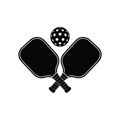 Pickleball paddles and ball:  Simple black and white graphic design, minimalist style, active lifestyle concept, perfect for sports websites or print media.