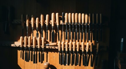 Woodcarving tools lined up on a wooden rack, lit by sunlight
