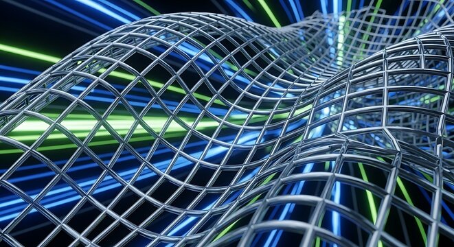 Abstract metallic grid structure with dynamic blue and green light streaks creating a futuristic technological backdrop - Powered by Adobe
