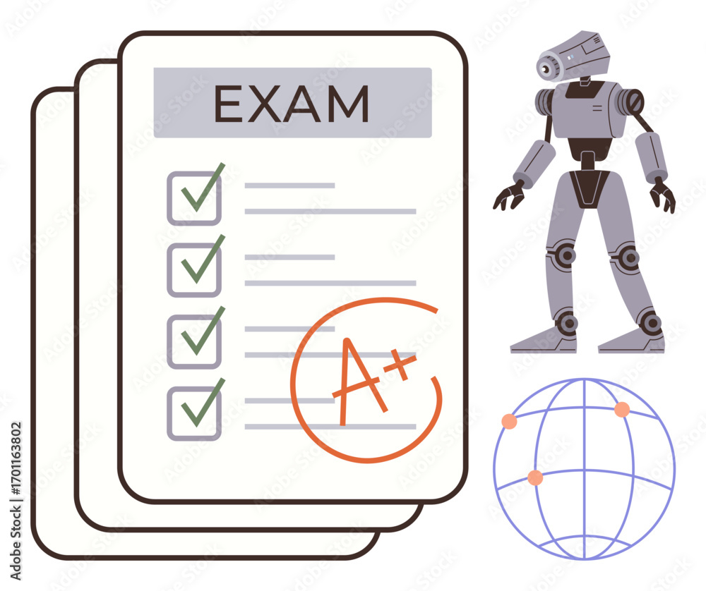 Aufkleber test paper with checkmarks and a grade paired with a robot and globe with network points. ideal for 