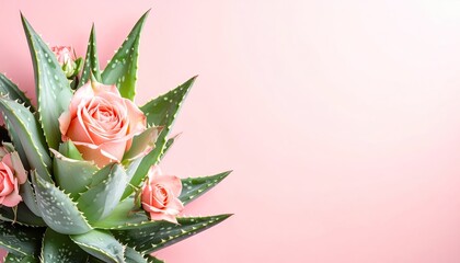Pink Roses and Aloe Vera Arrangement on Pink Background