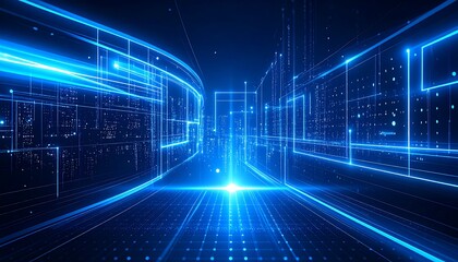 Digital city scene bathed in blue light, depicting data flow and connectivity, abstract urban design
