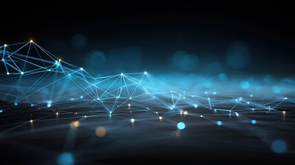 Abstract network graphic.  Light blue lines and dots form a complex, interconnected web on a dark background, with subtle light blurs