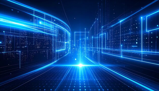 Digital city scene bathed in blue light, depicting data flow and connectivity, abstract urban design