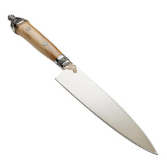 High-quality stainless steel chef's knife with ergonomic wooden handle ornate metal detailing, ideal for professional and home use PNG no background