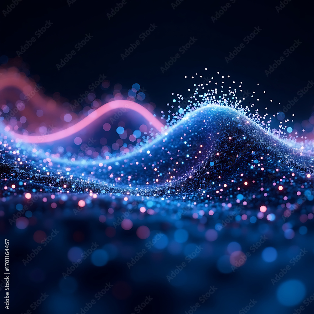 Poster dynamic glowing particle wave with vibrant pink energy flow creating a futuristic technology and dat