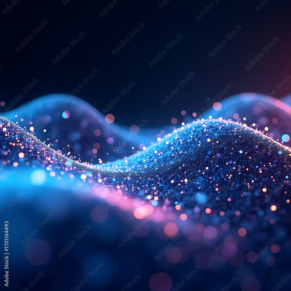 Poster mesmerizing digital wave of glowing particles creates a futuristic, abstract, and dynamic visual exp