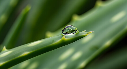 Macro Raindrop on Tip of Aloe Vera leaf &ndash; Monsoon Nature Closeup