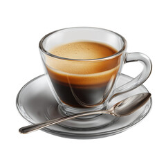 Naklejka premium A detailed photograph of a steaming hot espresso coffee in a clear glass cup with a silver spoon resting on a matching saucer PNG no background
