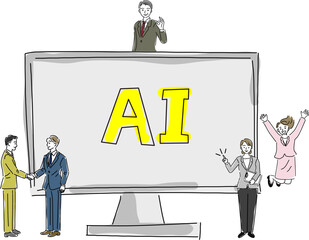 AI導入に喜ぶビジネス従業員のシンプル線画
