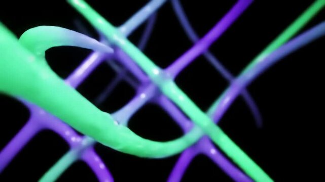 synthetic polymers linking together, glowing chains forming a flexible lattice that bends like futuristic scaffolding