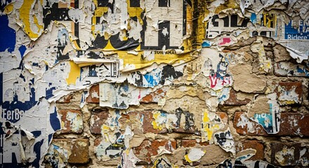 Fototapeta premium Peeling posters reveal distressed brick wall texture creating a vibrant urban grunge background