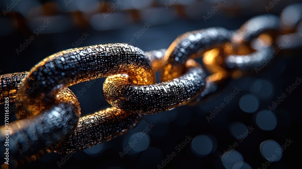 Poster close-up of a metallic chain, showcasing texture and interlinking links.