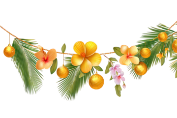 Yellow and green floral garland with gold ornaments hanging from it