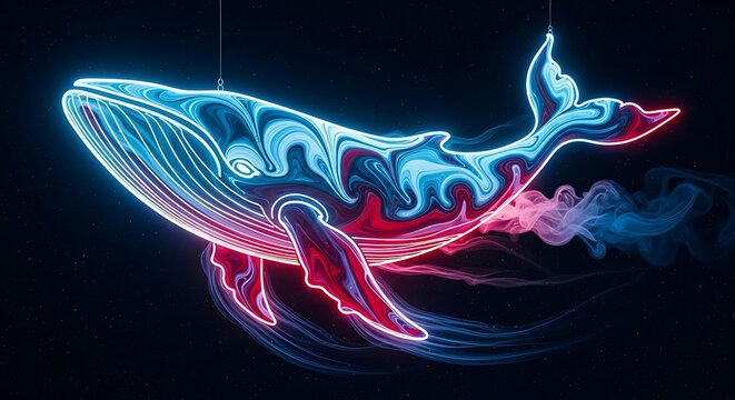 Luminous whale with swirling blue and red patterns floats in a dark starry space creating a magical underwater scene