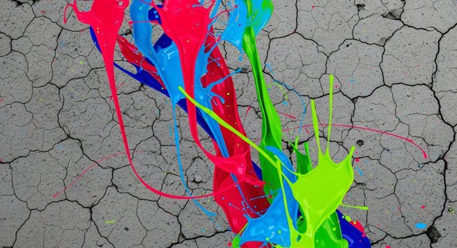 Vibrant neon paint splatters burst across a textured cracked concrete background creating dynamic abstract art - Powered by Adobe