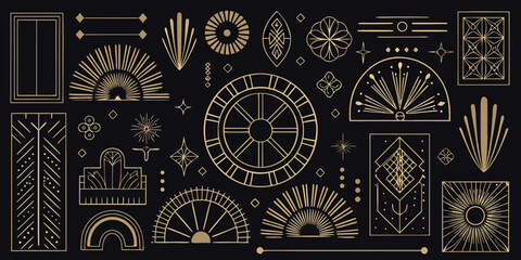 Collection of art deco geometric elements and decorative motifs in gold on black background