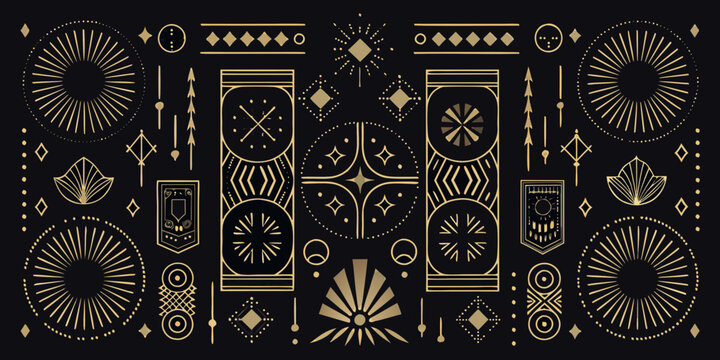 Elegant gold geometric art deco patterns and symbols on a dark background