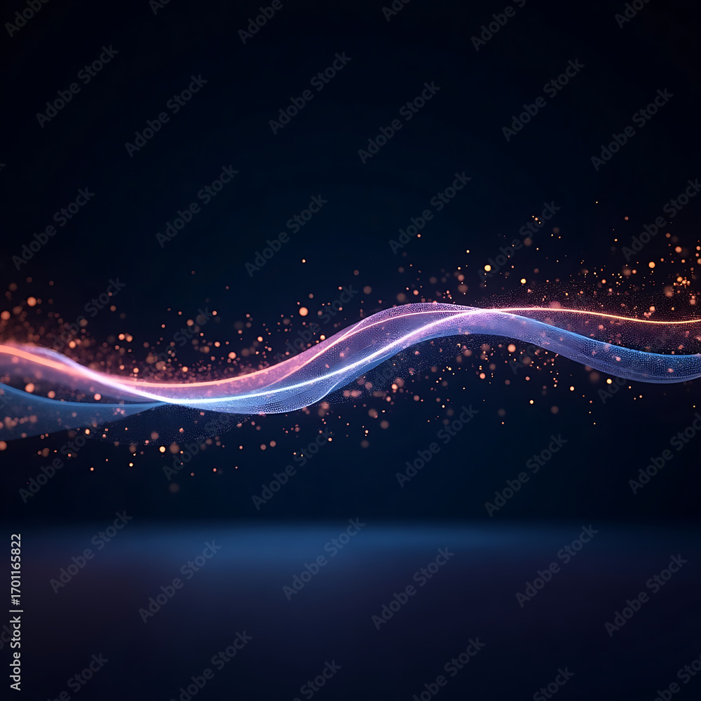 Poster dynamic digital wave of shimmering particles flows through dark space with glowing energy