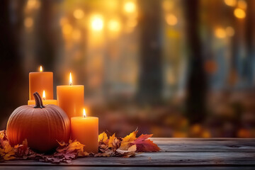 Candlelit autumn decor with pumpkins and fall leaves on wooden table