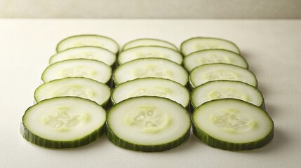 Freshly sliced cucumbers arranged on a white surface
