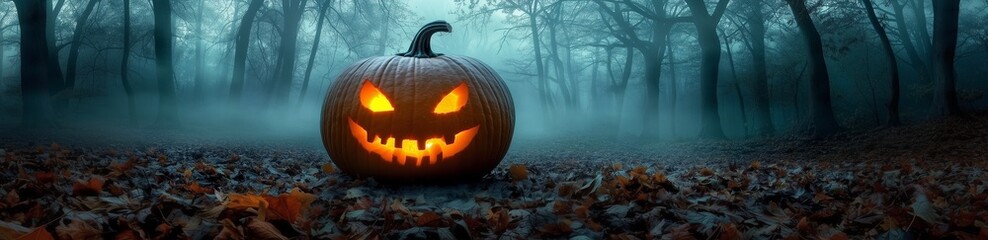 Glowing Jack-O'-Lantern in a spooky forest setting