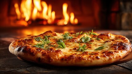 Close-up of freshly baked pizza with basil in front of wood-fired oven
