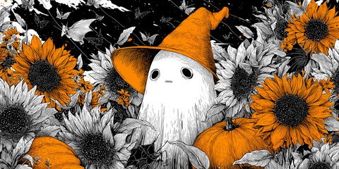 Whimsical ghost in hat surrounded by sunflowers, pumpkins, and bats at night
