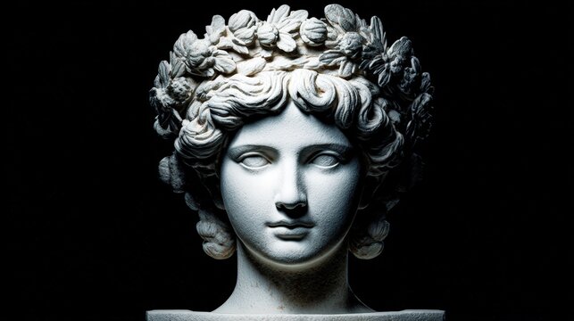 Marble sculpture of a young woman with curly hair and a floral crown is dramatically lit against a stark black background providing high contrast.