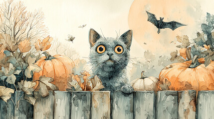Curious cat amid pumpkins and autumn scenery under a full moon