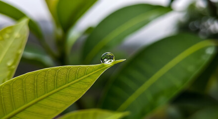 Macro Raindrop on Tip of Mango leaf – Monsoon Nature Closeup	