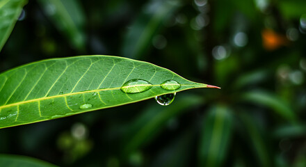 Macro Raindrop on Tip of Mango leaf – Monsoon Nature Closeup	
