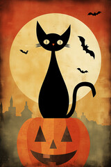 Black cat on pumpkin with full moon and bats in the background