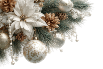White and gold wreath with a white flower and pine cones