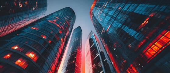 Obraz na płótnie Canvas Low angle view of illuminated skyscrapers showcases modern architecture in urban downtown district at evening time.