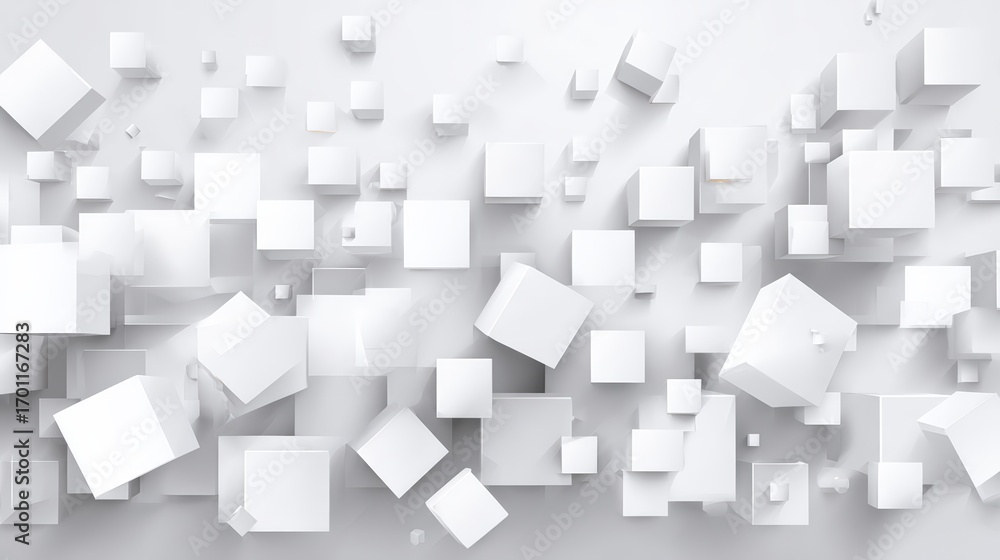 Aufkleber an abstract arrangement of many white cubes floating and casting soft shadows on a bright, clean whi