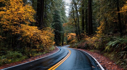 Obraz premium Winding road through a redwood forest in autumn. Yellow and orange leaves line a wet asphalt road, leading into a dense canopy of tall trees