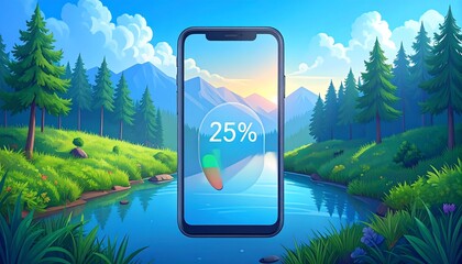 Digital display of 25% charge over a serene natural landscape, framed by a smartphone